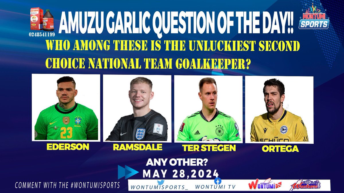 LAWSONSPORTS_'s tweet photo. QUESTION OF THE DAY!!

WHO AMONG THESE IS THE UNLUCKIEST SECOND CHOICE NATIONAL TEAM GOALKEEPER?🤔

A. EDERSON🇧🇷
B. RAMSDALE🏴󠁧󠁢󠁥󠁮󠁧󠁿
C. TER STEGEN🇩🇪
D. ORTEGA🇩🇪
🗣️ANY OTHER?👤

COMMENT WITH THE HASHTAG #WontumiSports FOR VALIDITY.🔥🔥🔥 https://t.co/651h9rpsfH