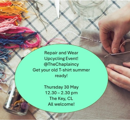 Join us for some summer upcycling at the Chaplaincy.🌞 Bring along an old T to upcycle or something to repair and get ready for summer (it will arrive eventually!). Do your bit to shun fast fashion! All welcome 🌈 👕👕👕💚 @UHSustainable @UniofHerts