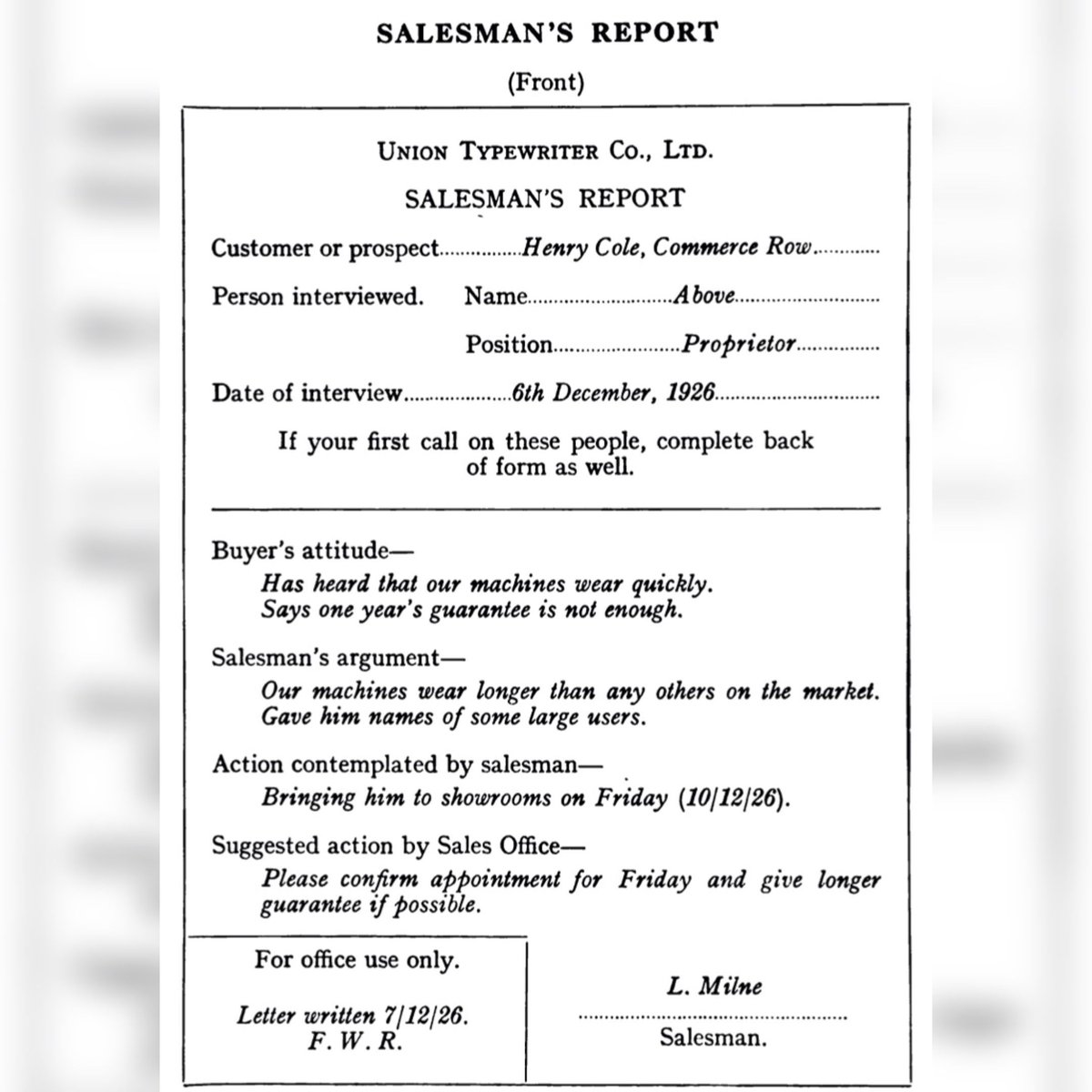 SalesHistorian's tweet photo. Want to see what a call report looked like in 1926? You think filling in your CRM is hard, imagine having to type this thing up. (back then dates were shown as DD/MM/YY - I was confused at first) #saleshistory https://t.co/mDFnyHIo3D