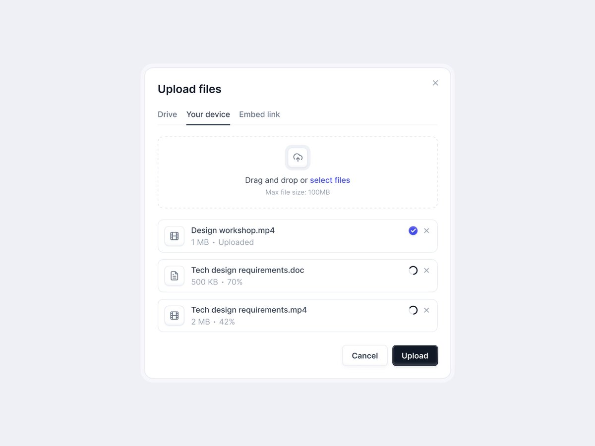 It's time for me to share more dribbble shots here.

Upload files modal 🌟

#Upload #Modal #Design #buildinpublic