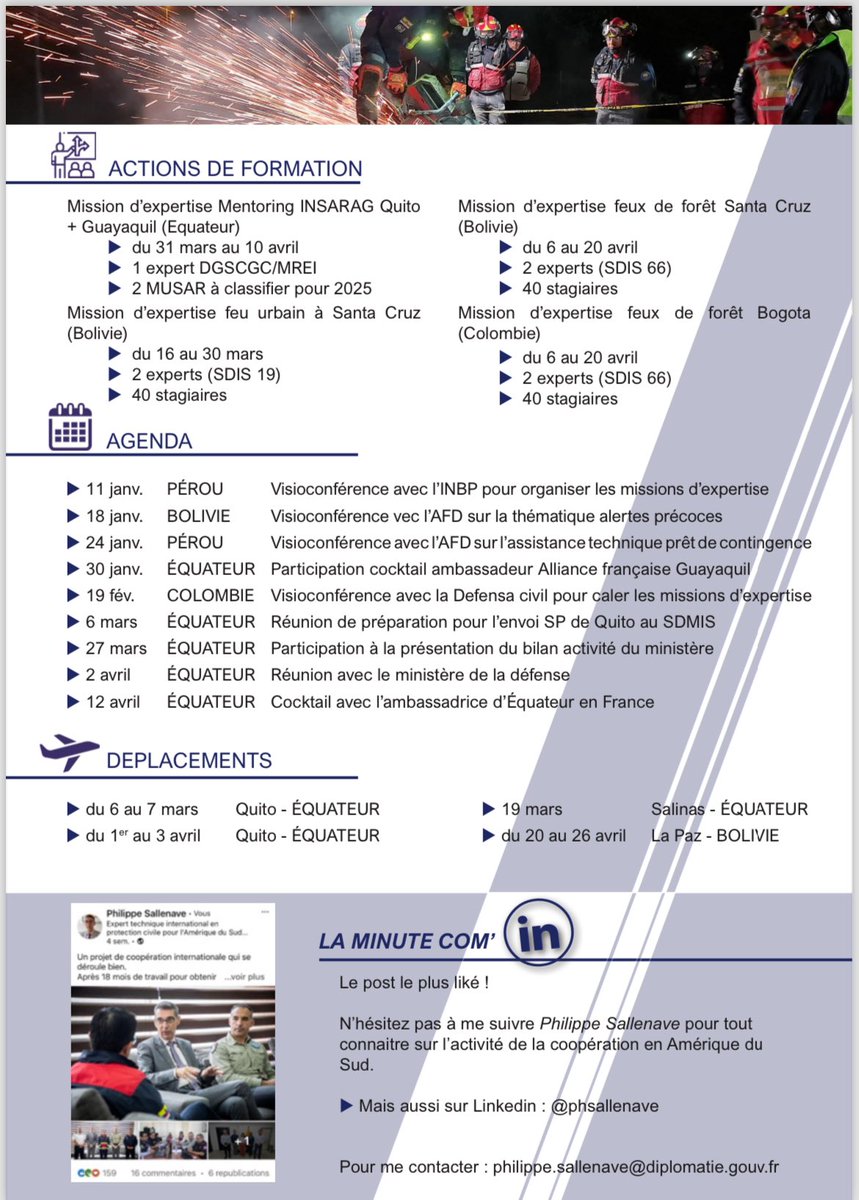 La @CoopSecuDefense 🇫🇷🇪🇨🇧🇴🇨🇴🇵🇪 vous livre sa lettre d’information 01/2024
Un bon début d’année avec @SecCivileFrance où la #CooperaciónInternacional atteint un bon rythme de croisière. 
Encore une en juillet et ce sera le 🎬 de fin. 
Merci @efleuriault pour le travail réalisé