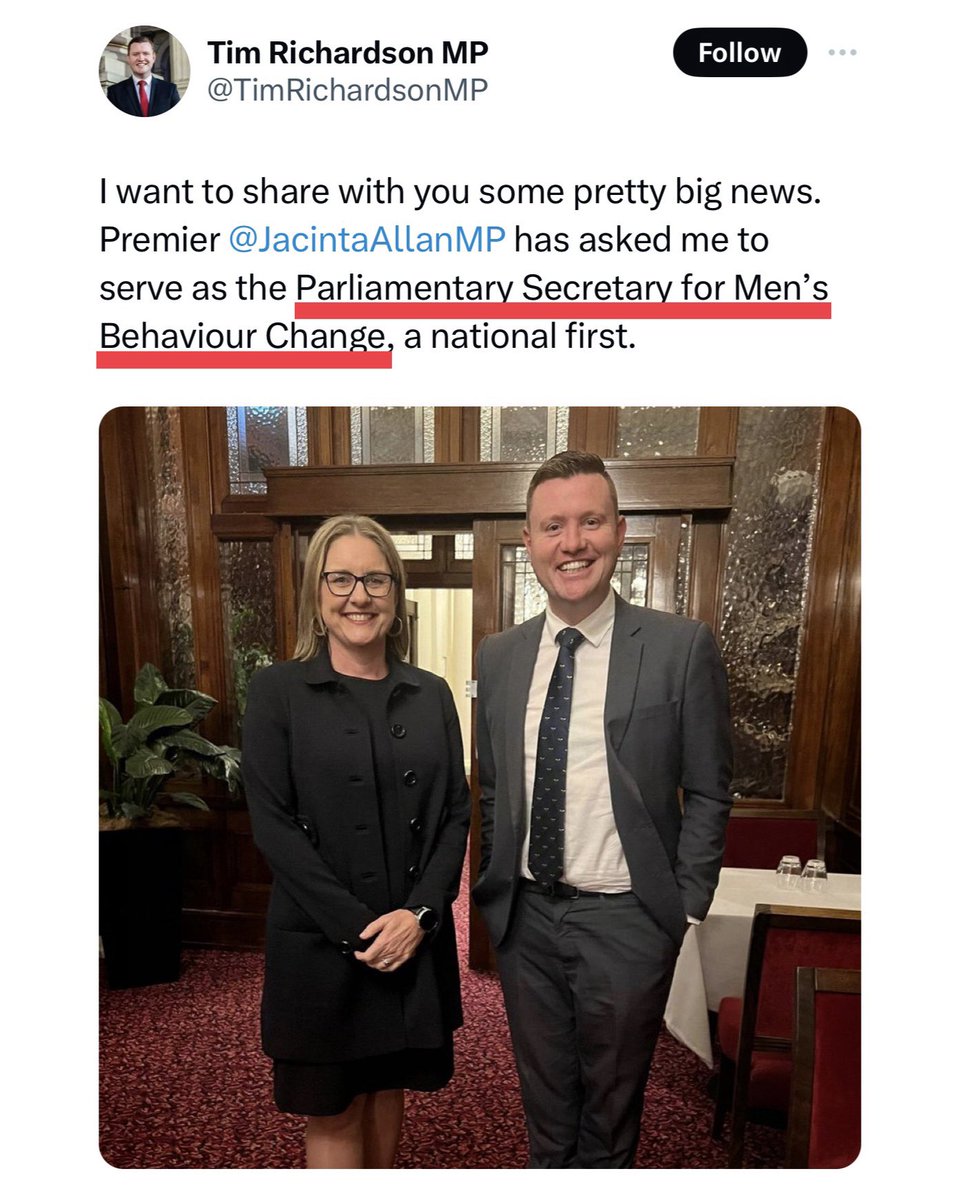 Today, Premier @JacintaAllanMP proudly announced a new role “to make Victoria a safer place for women and children” – ‘Parliamentary Secretary for Men’s Behaviour Change’. How demeaning. And Orwellian. And given that neither the Premier nor @TimRichardsonMP know what a man or