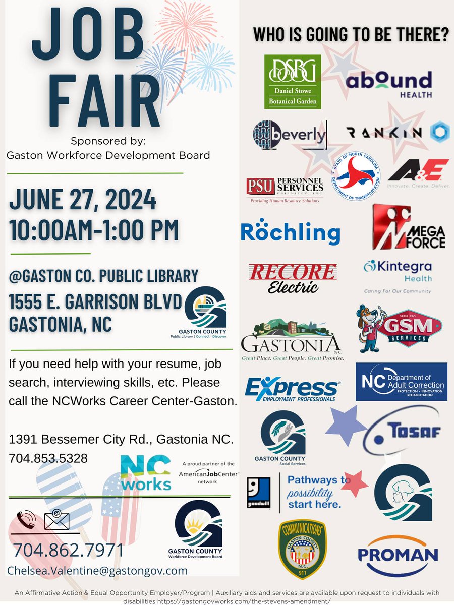 🚀 Looking for a new career opportunity? Join us next month at NC Works Career Center-Gaston on June 27 for a job fair! Our recruiters will be on-site to answer questions and accept your applications. Check out available positions at gastonianc.gov. See you there! 🌟