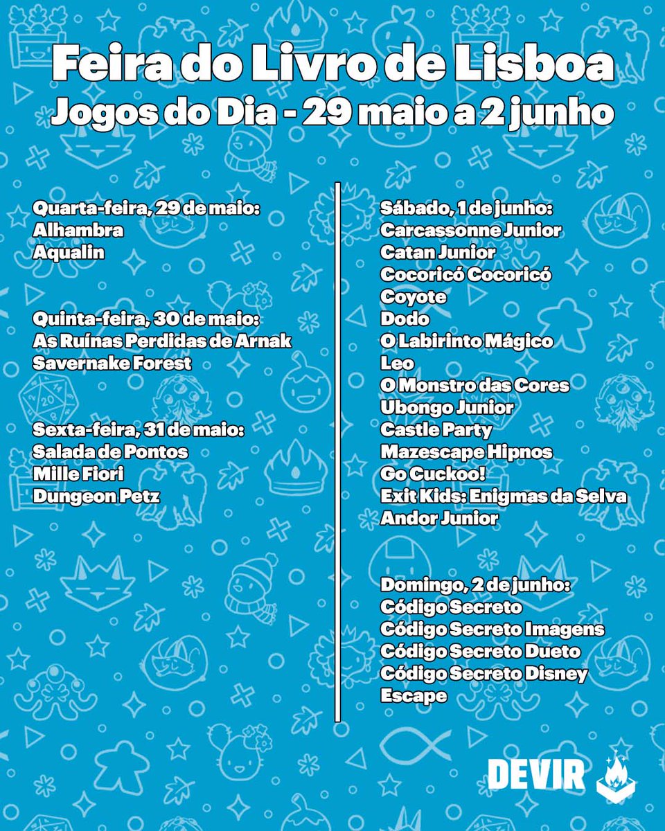 A pedido dos nossos seguidores, divulgamos a lista dos 'Jogos do Dia' da primeira semana da Feira do Livro de Lisboa, onde nos poderás encontrar no Stand E29. Qual ambicionas?! O vistoso AQUALIN? O surpreendente SAVERNAKE FOREST? O encantador MILLE FIORI? Ou o divertido COYOTE?