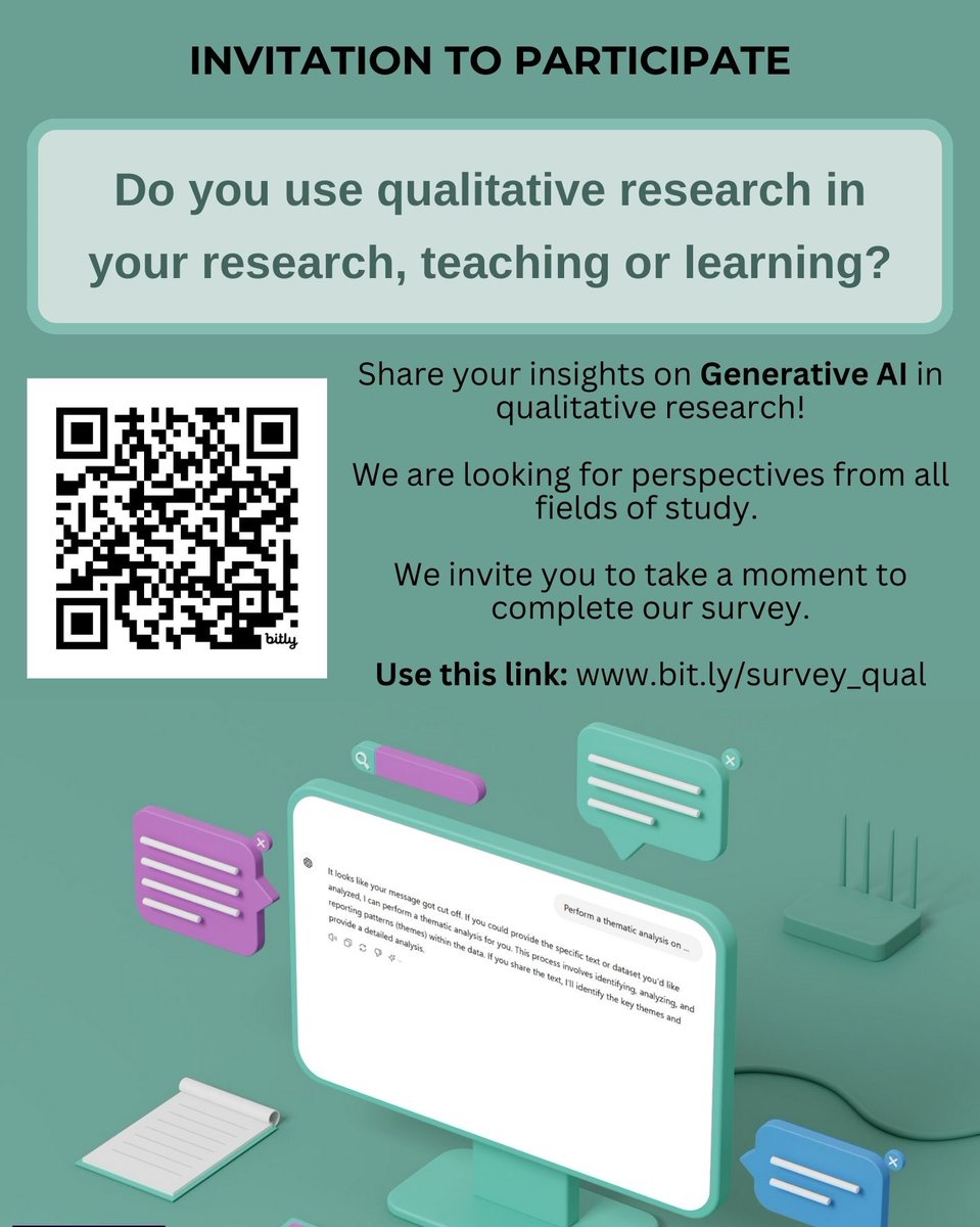 🌟Participate in a research study on Generative AI in Qualitative Research!

Qualitative researchers, educators, and students from all disciplines are invited to share their insights in a brief 15 minute survey. No experience with Generative AI needed.

Link below ⬇️