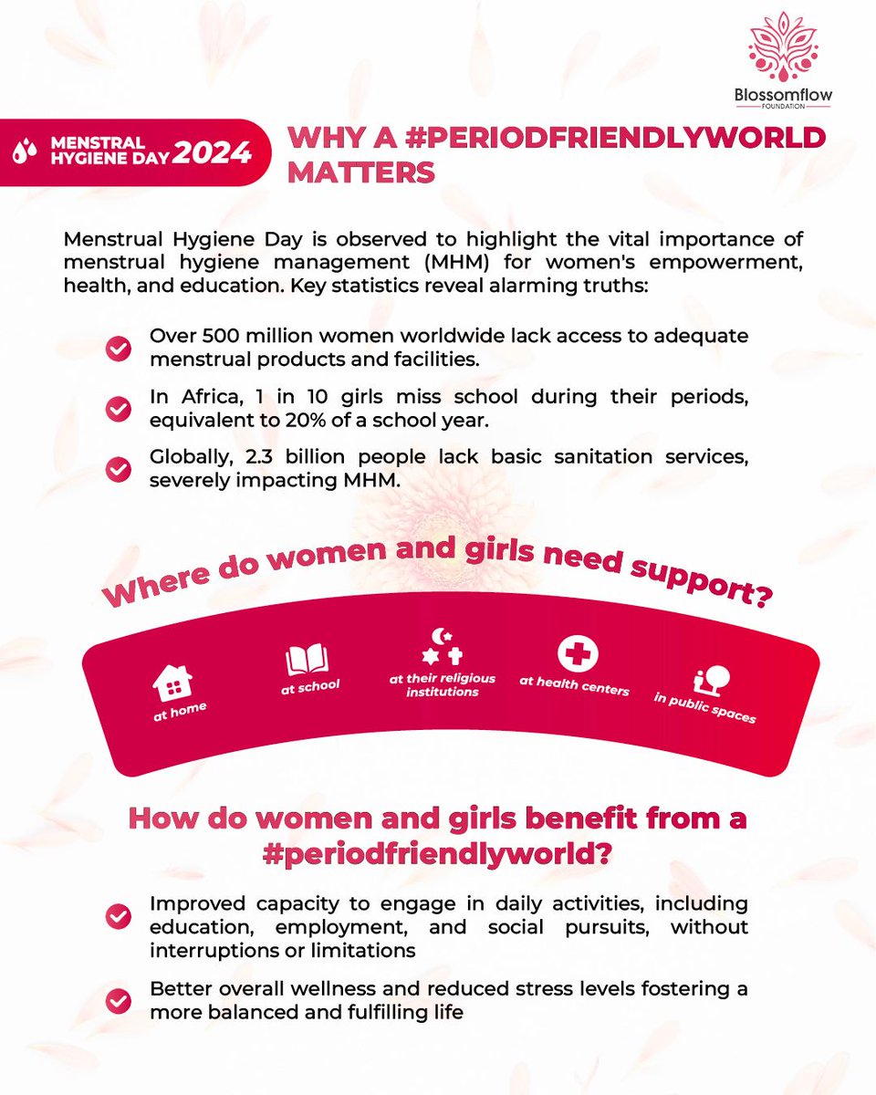 On Menstrual Hygiene Day 2024, let's create a #PeriodFriendlyWorld for all. 

Support menstrual health and empowerment! 

#MenstrualHygieneDay #Blossomflow #BeherPeace #PeriodPoverty
