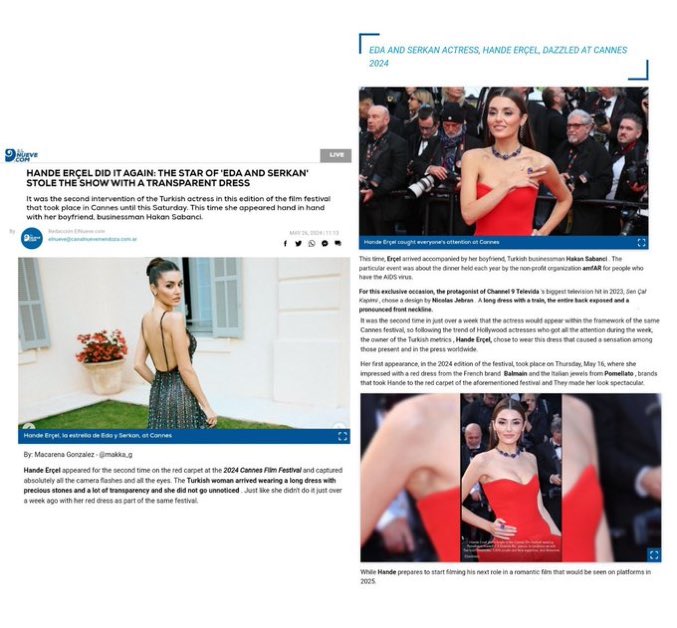 The Argentine television channel Canal9Televida carried out a report on Hande Erçel appearances in Cannes2024 #HandeErçel