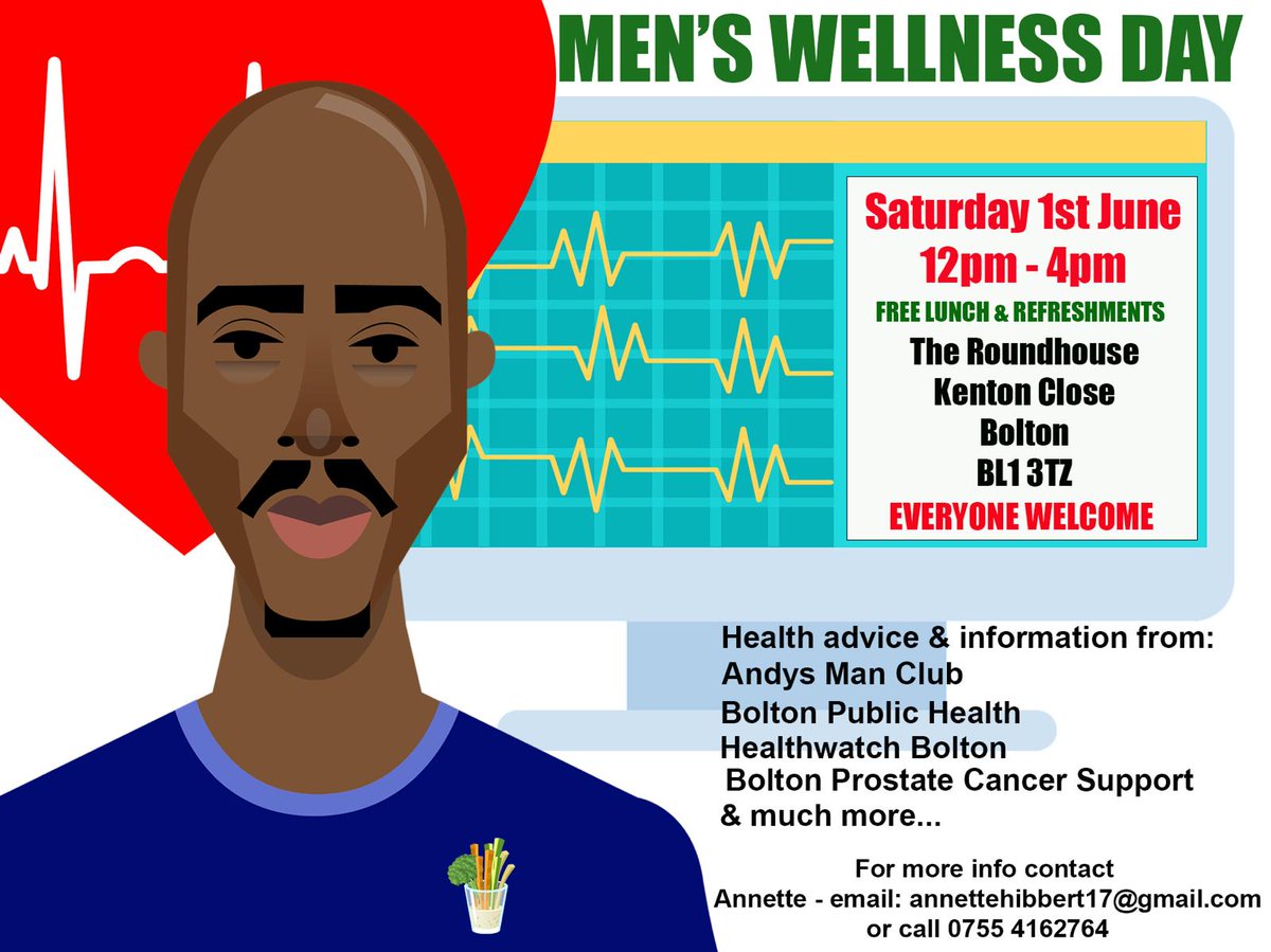 There is a 'Men's Wellness Day' taking place this Saturday the 1st of June from 12pm-4pm at The Roundhouse, Kenton Close, Bolton.

Go along for health advice and information.

FREE lunch and refreshments are available.

Everyone welcome.

#MensHealth #Bolton
