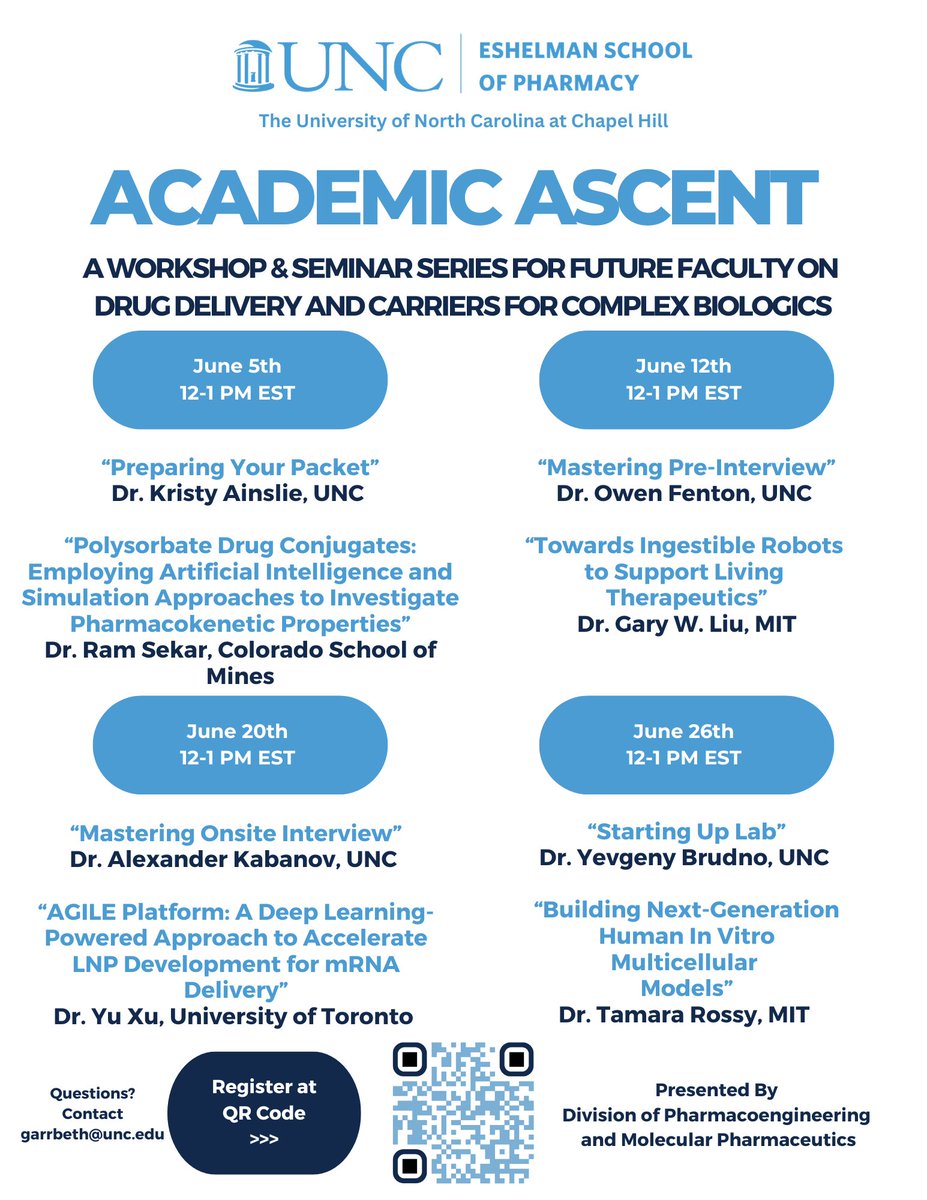 Pharmacoengineering & Mol Pharmaceutics (DPMP UNC) (@dpmp_unc) on Twitter photo DPMP presents Academic Ascent: A Workshop & Seminar Series for Future Faculty on Drug Delivery and Carriers for Complex Biologics, a free webinar series for June 2024. First one is June 5th!
<a href="/UNCPharmacy/">UNC Pharmacy</a>
pharmacy.unc.edu/academic-ascen… DPMP presents Academic Ascent: A Workshop & Seminar Series for Future Faculty on Drug Delivery and Carriers for Complex Biologics, a free webinar series for June 2024. First one is June 5th!
<a href="/UNCPharmacy/">UNC Pharmacy</a>
pharmacy.unc.edu/academic-ascen…
