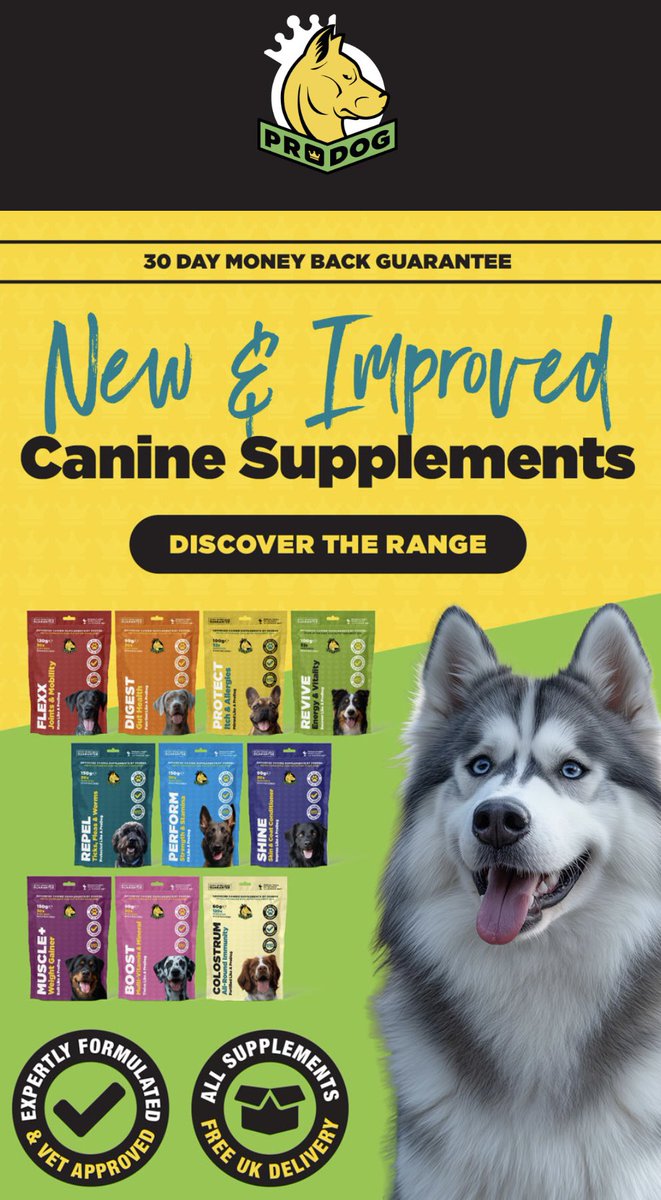 Introducing ten of the best - ProDog’s new and improved Canine Supplements featuring 

💪🏻 Muscle+
🪱 Repel 
🧡 Digest
🏃 Perform
🪫 Revive
⬆️ Boost
✨ Shine
👶🏻 Colostrum
💛 Protect
🐕 Flexx 

Discover more prodograw.com/shop/dog-suppl…