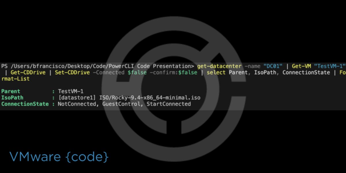 Quick @PowerCLI one-liner to disconnect ISOs that prevent vMotions. Make sure it's not in use! 

Blog Post:
bit.ly/3VfruEx

Join the PowerCLI/Automation Discussion: 
bit.ly/3wYuU5g

Sample Exchange: 
bit.ly/3ywJqBP

#vexpert #powercli #esxi