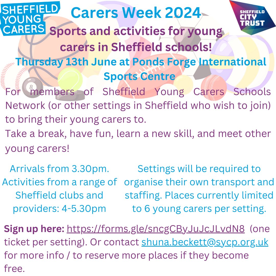 Are you a member of our Schools Network or an education setting that supports young carers? 

@SheffCityTrust are hosting a sports & activities session for #YoungCarers in Sheffield schools at @PondsForge to help celebrate #CarersWeek2024

Sign up here: eventbrite.co.uk/e/872464393487…