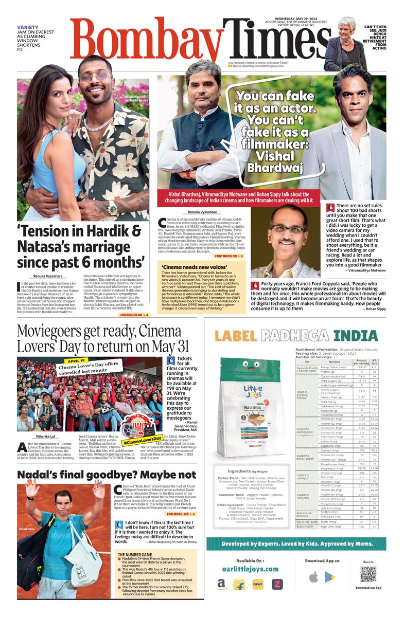 Here's a look at #BombayTimes' front page.           
Click below to read the edition   
bit.ly/3r0dVfE

@hardikpandya7 #NatasaStankovic #VikramadityaMotwane @VishalBhardwaj @rohansippy 
#CinemaLoversDay #RafaelNadal #BombayTimes