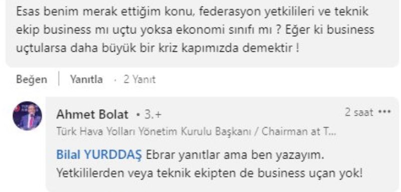 EBRAR KARAKURT>AHMET BOLAT Aşağıda THY’nin başı Ahmet Bolat’ın olaya bakışını net biçimde ifade eden bir paylaşımı var. Olayı kişiselleştirip, Ebrar’ı -hasım olarak- karşısına alıyor. Okuyunca mesele kendiliğinden aydınlığa kavuşuyor ve bence dosya kapanıyor.