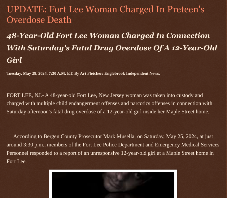 UPDATE: Fort Lee Woman Charged In Preteen’s Overdose Death englebrookindependentnews.com/2024/05/28/upd… via @Englebrooknews #UPDATE #bergencountynj #fortleenj #child #endangerment #narcotics #charges #death @preteen @wireless_step @HRG_Media @LodiNJNews @fortleenj @Breaking911 @Breaking24_7