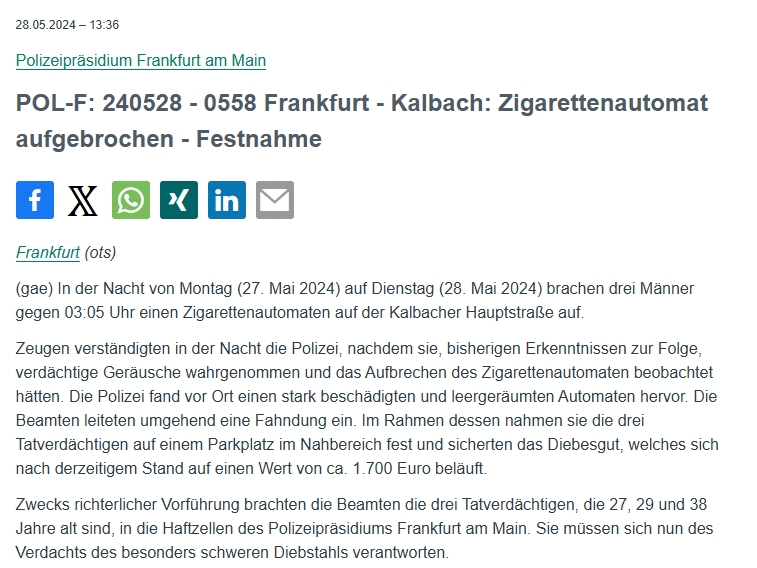Polizei_Ffm's tweet photo. #Frankfurt #Kalbach
Drei Tatverdächtige wurden vergangene Nacht auf einem Parkplatz festgenommen. Zuvor brachen diese auf der #KalbacherHauptstraße einen Zigarettenautomaten auf.
Das Diebesgut wurde sichergestellt.
🗞️PM: https://t.co/eFHr3fyFXF https://t.co/An1XmqDMQM
