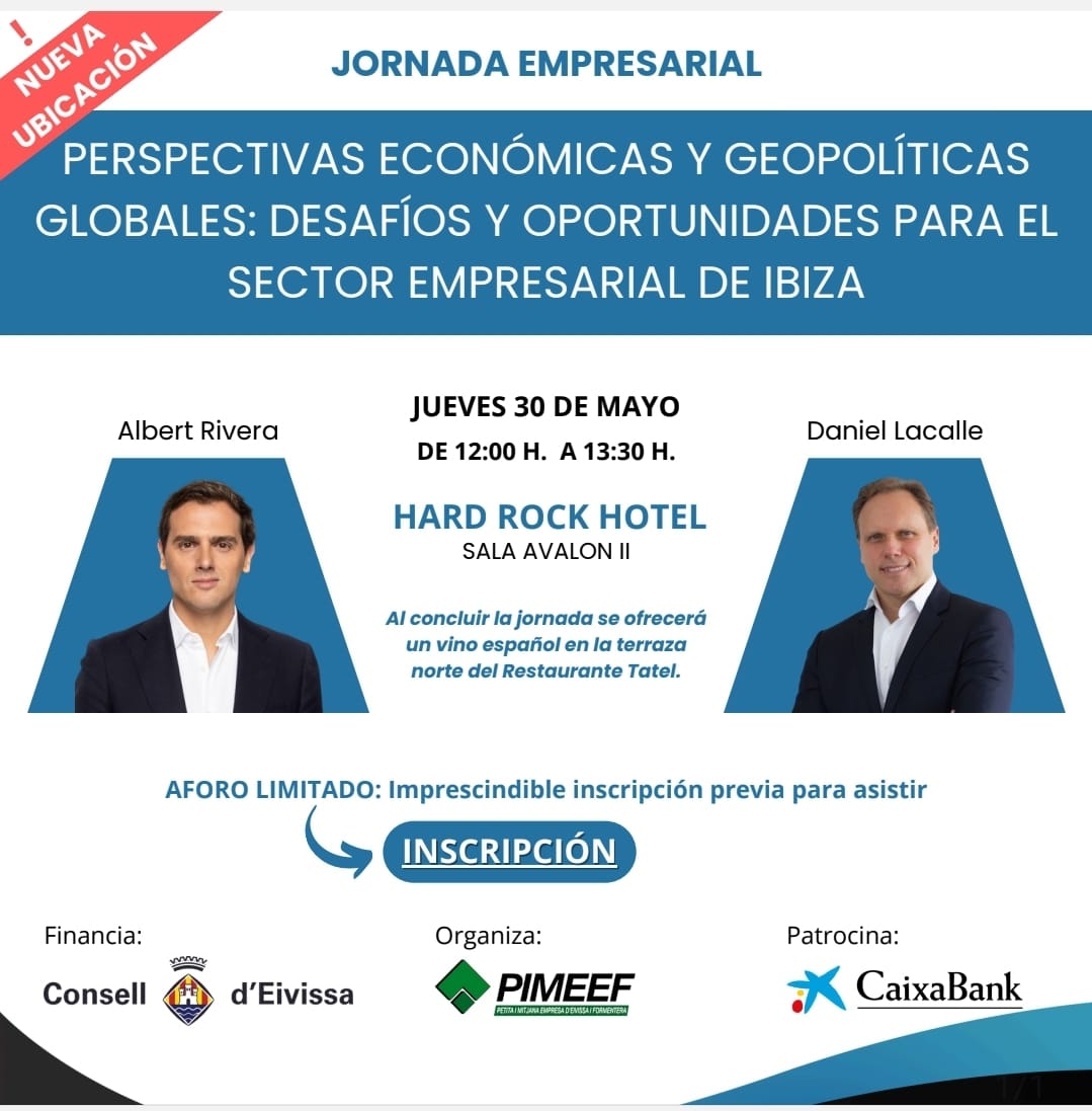 Aquest dijous 30 de maig tindrà lloc una jornada empresarial de 12.00 a 13.30 hores en Hard Rock Hotel i en el qual participaran @Albert_Rivera i @dlacalle @PIMEEF Inscripcions👇 docs.google.com/forms/d/e/1FAI…