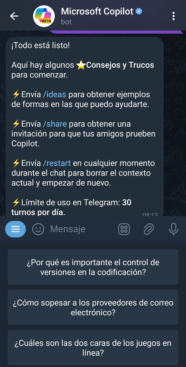 Ya se puede utilizar #Copilot en <a href="/telegram_es/">Telegram en español</a> 
1. Entramos en la app de Telegram 
2. Buscamos el chatbot @CopilotOfficialBot
3. Aceptamos los diferentes pasos: acceso número de teléfono + aceptar términos. 
4. Puedes utilizar @MSFTCopilot durante 30 "turnos" al día.

#FelizDía