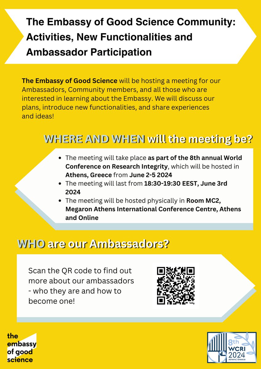 The Embassy of Good Science will be hosting a meeting during the 8th Annual World Conference on Research Integrity in Athens, Greece!
#WCRI2024 #research_integrity