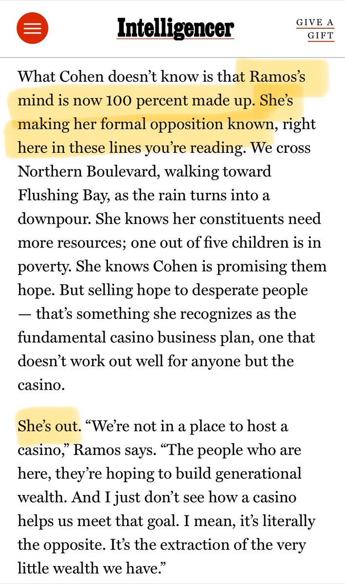 Jessica Ramos is a clear NO on the Citi Field casino, @NoahShachtman reports. The bid is dead, unless Team Cohen can get somebody *else* to pass a parkland alienation bill. nymag.com/intelligencer/…