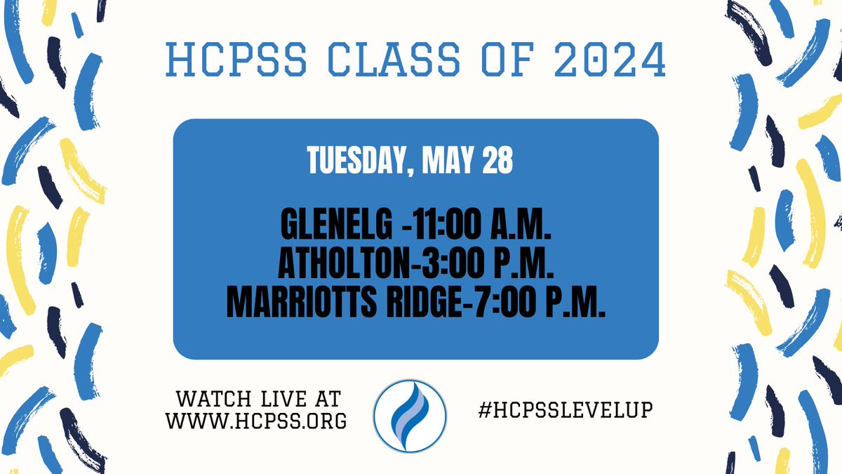 HCPSS (@hcpss) on Twitter photo Welcome back from the long weekend! We have a full day of graduations with <a href="/hcpss_ghs/">Glenelg High School</a> at 11, <a href="/hcpss_ahs/">Atholton High School</a> at 3 & <a href="/hcpss_mrhs/">Marriotts Ridge HS</a> at 7. Watch online at hcpss.org. #HCPSSLevelUp #CelebrateHCPSS Welcome back from the long weekend! We have a full day of graduations with <a href="/hcpss_ghs/">Glenelg High School</a> at 11, <a href="/hcpss_ahs/">Atholton High School</a> at 3 & <a href="/hcpss_mrhs/">Marriotts Ridge HS</a> at 7. Watch online at hcpss.org. #HCPSSLevelUp #CelebrateHCPSS