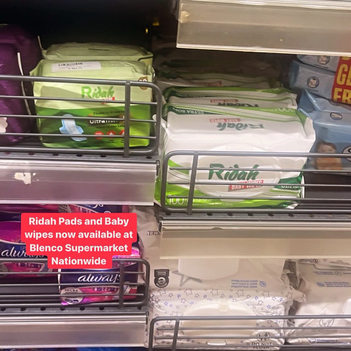 This is your reminder to shop for your Ridah Pads and Baby wipes when next you visit Blenco Supermarket.

#ridahproducts #babywipes #babies #wetwipes #shop #supermarket #sanitarypad #women