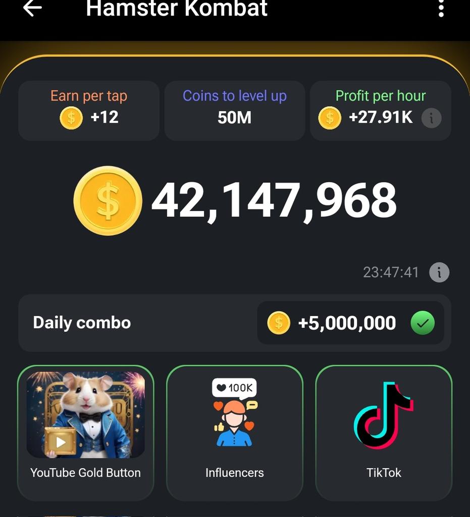 Today’s Hamster Daily Card Combo 28/5/2024

👇 Under PR & Team
'Influencers' (Unlock X to lvl 4)

👇 Under Special
'YouTube Gold'

👇Under PR & Team
'Tiktok' (unlock Hamster Tube lvl 8 and HamsterGram Lv3)

Join my WhatsApp group
chat.whatsapp.com/I6lTaPq7TZfGtf…
#Hamstarkombat #TapSwap