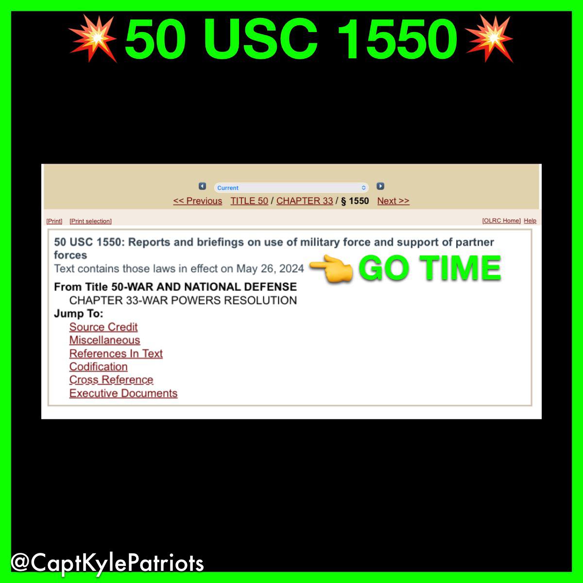 💥Y’all want a visual, here it is. 
💥50 USC 1550: Reports and briefings on use of military force and support of partner forces. 
💥Text contains those laws in effect May 26, 2024
📷
Link:
uscode.house.gov/view.xhtml?req…
