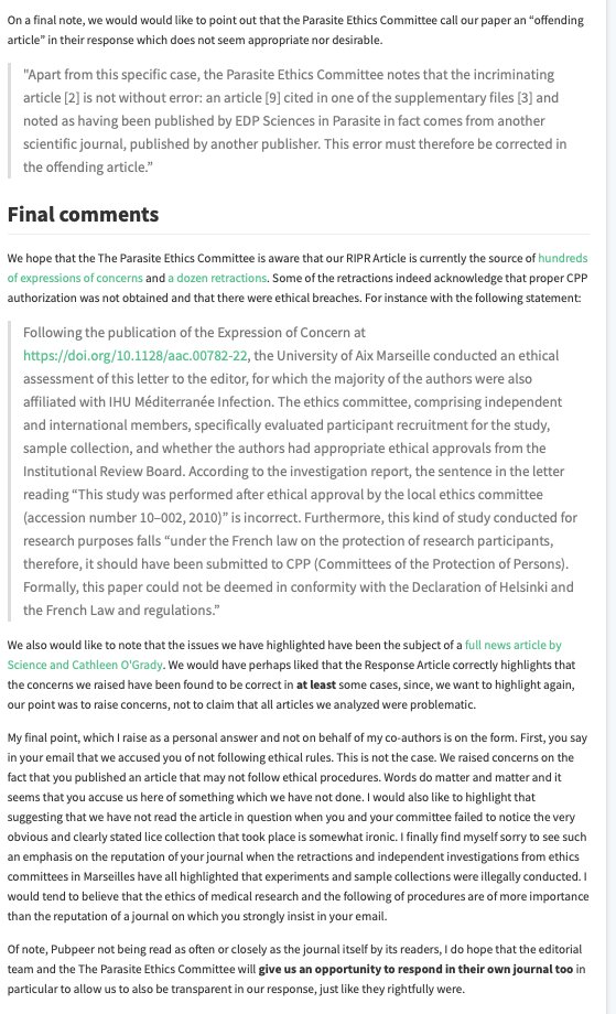In this short article, @ParasiteJournal responds to our concerns about some ethical approvals from @IHU_Marseille (…rchintegrityjournal.biomedcentral.com/articles/10.11…). However, we believe that their answer may be misguided on a couple of points and respond publicly here: pubpeer.com/publications/3…