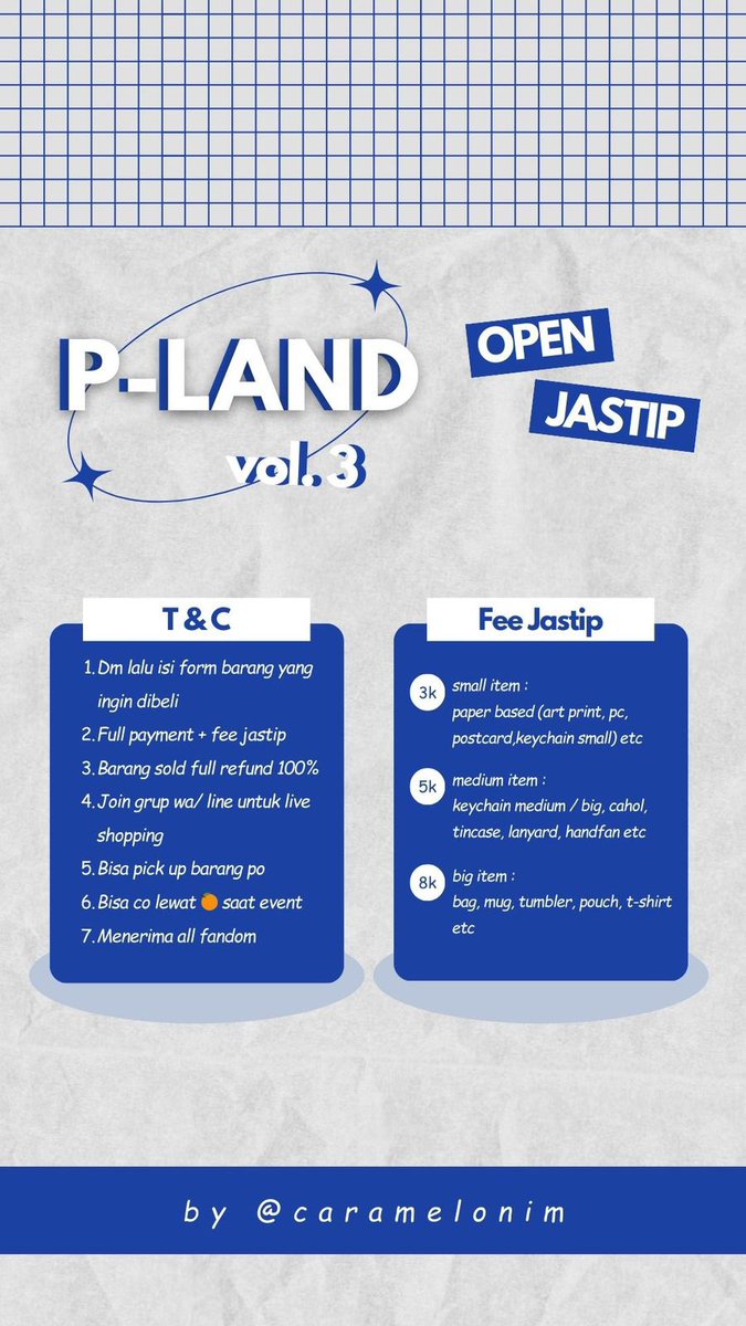 [rt & likes are appreciated]

OPEN JASTIP P-LAND VOL-3 ✨

Visit Day 1 , 22 Juni 2024
📍The krakatau, Taman Mini
🚚 Pengiriman dari Bandung 

bisa co 🍊 saat event 

Terms and Condition on pict ! 

 If you have any question, you can DM me ☺️