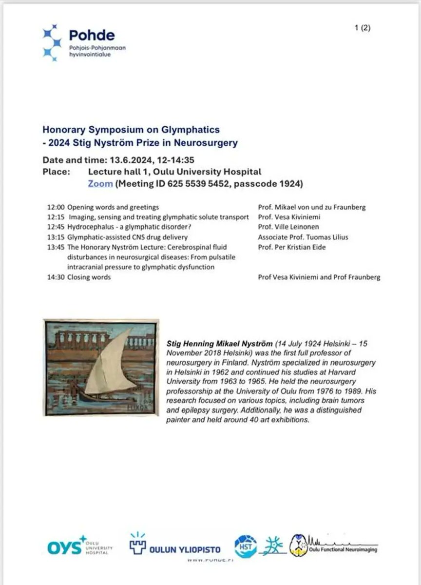 Welcome to attend our high-class symposium in person in Oulu or with remote access through Zoom on Thursday 13th of June!!! #brainresearch, #glymphaticsystem