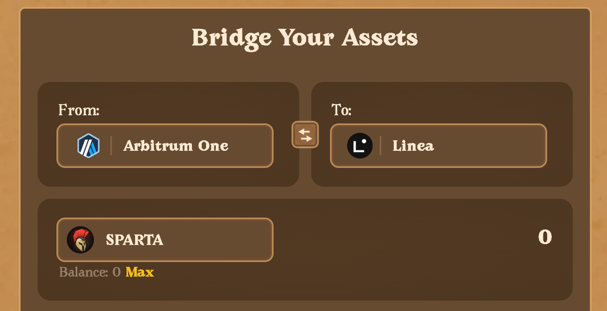 ⚔️ Bridge is LIVE ⚔️

You can bridge your $SPARTA from <a href="/arbitrum/">Arbitrum</a> to <a href="/LineaBuild/">Linea.eth</a>. 

Bridge now 👇
app.spartadex.io/dex/bridge
