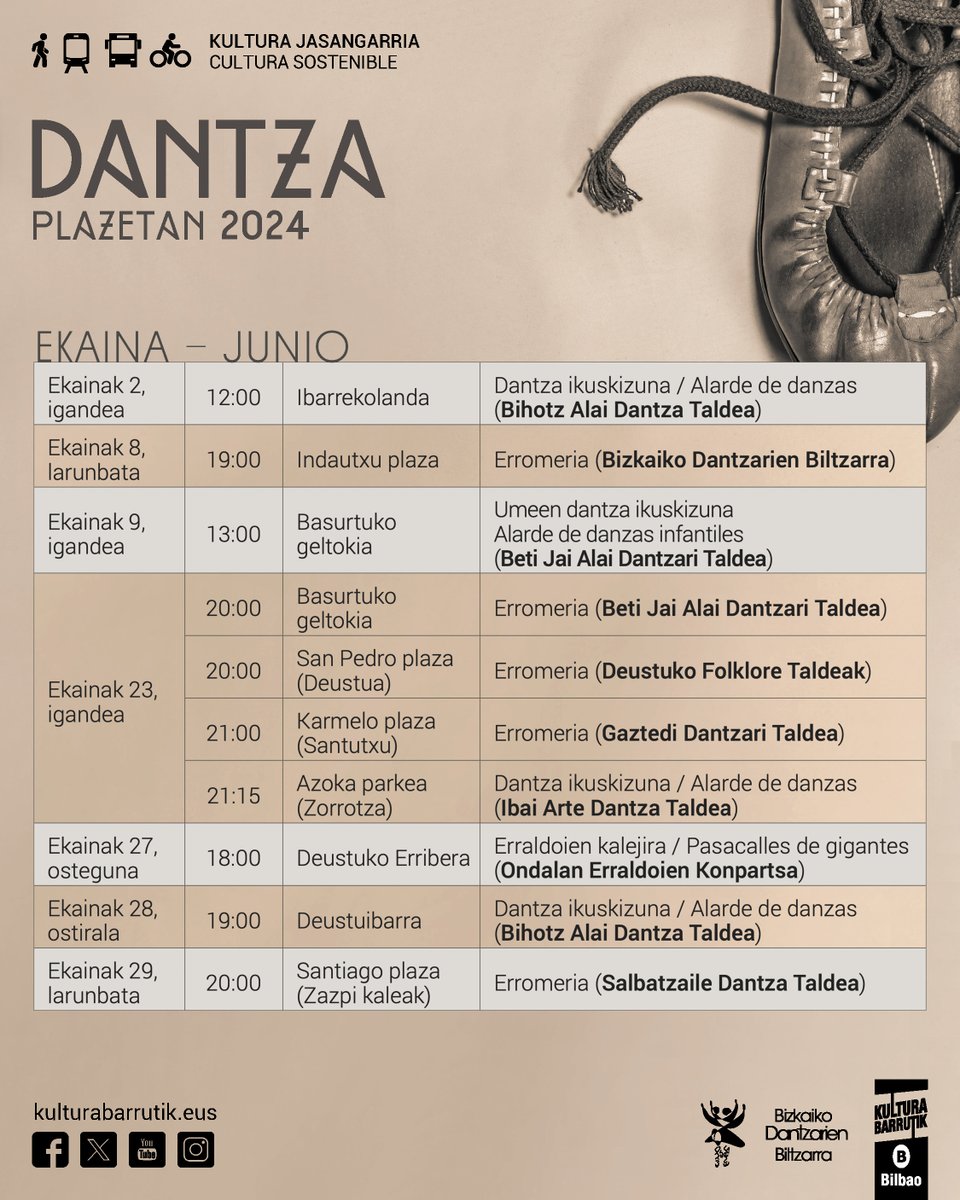 🅱️💐 #DantzaPlazetan, uno de los programas culturales de mayor tradición en Bilbao, acercará diez actuaciones de danzas vascas a lo largo de mes de junio 🔗 labur.eus/g2Odz #KulturaBarrutik
