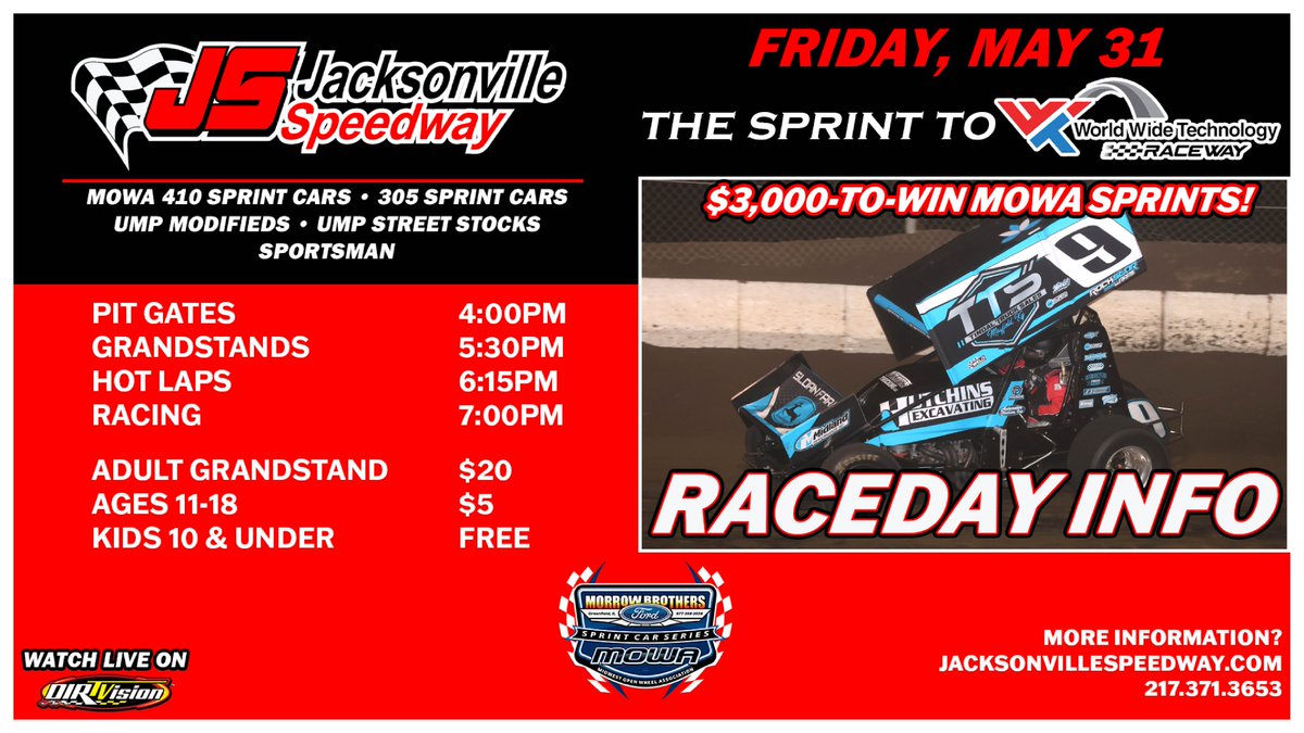 This Friday, $3,000 to win MOWA Sprints at <a href="/jaxspeedway/">Jacksonville Speedwa</a> for the Sprint To <a href="/WWTRaceway/">WWT Raceway</a> .  Huge weekend of racing in Illinois.  Start it off right with Sprint Cars in Jacksonville.  Today would be a great day to request a PTO day to recover on Monday.