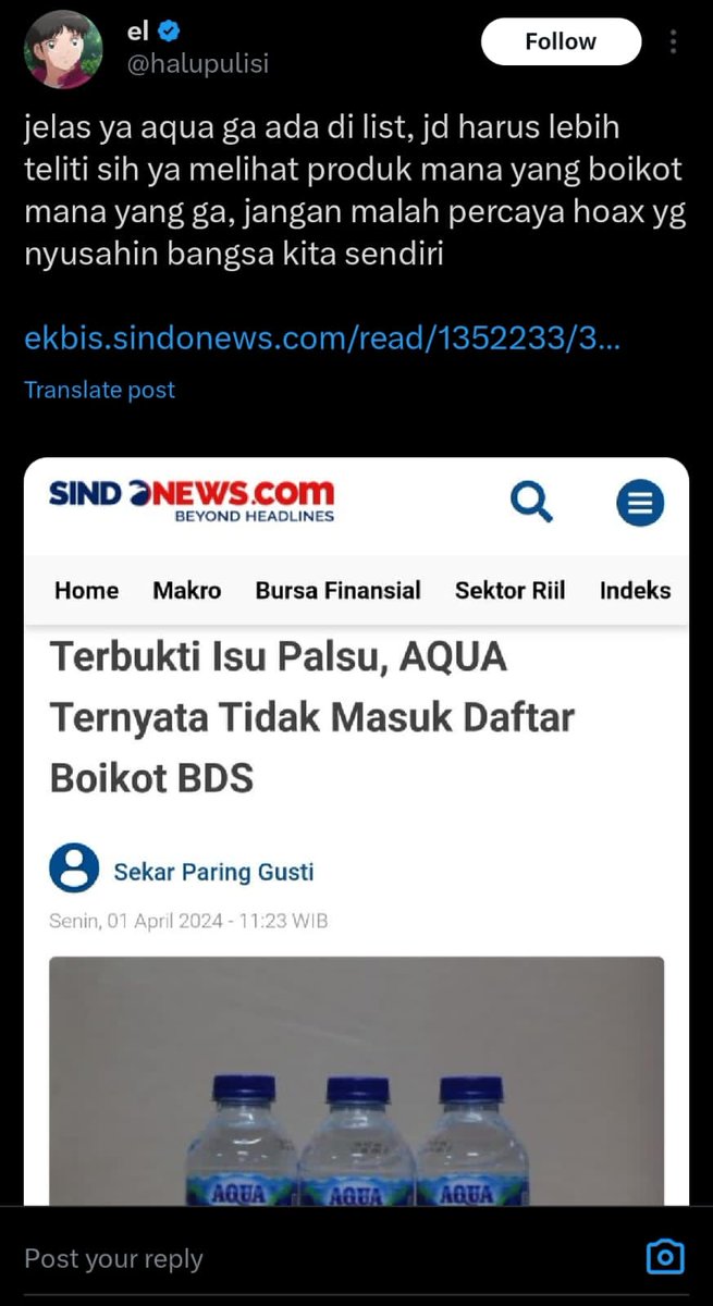 amrudinnejad_'s tweet photo. Danone Aqua sedang memainkan narasi dirinya tidak terafiliasi Israel

Jika kita cek, bahkan ada ribuan berita berisi klaim sepihak Danone Aqua tidak terafiliasi Israel dengan mencatut nama BDS Indonesia. Tujuannya agar mereka tidak lagi diboikot, begitu juga di media sosial https://t.co/YM7gZzQsa9