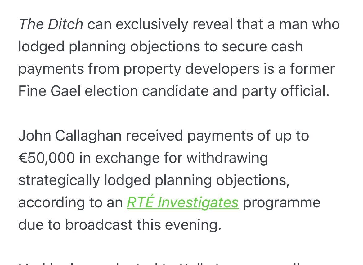 Two @FineGael election candidates submitting planning objections to secure pay-offs from property developers. How many more party members are involved?