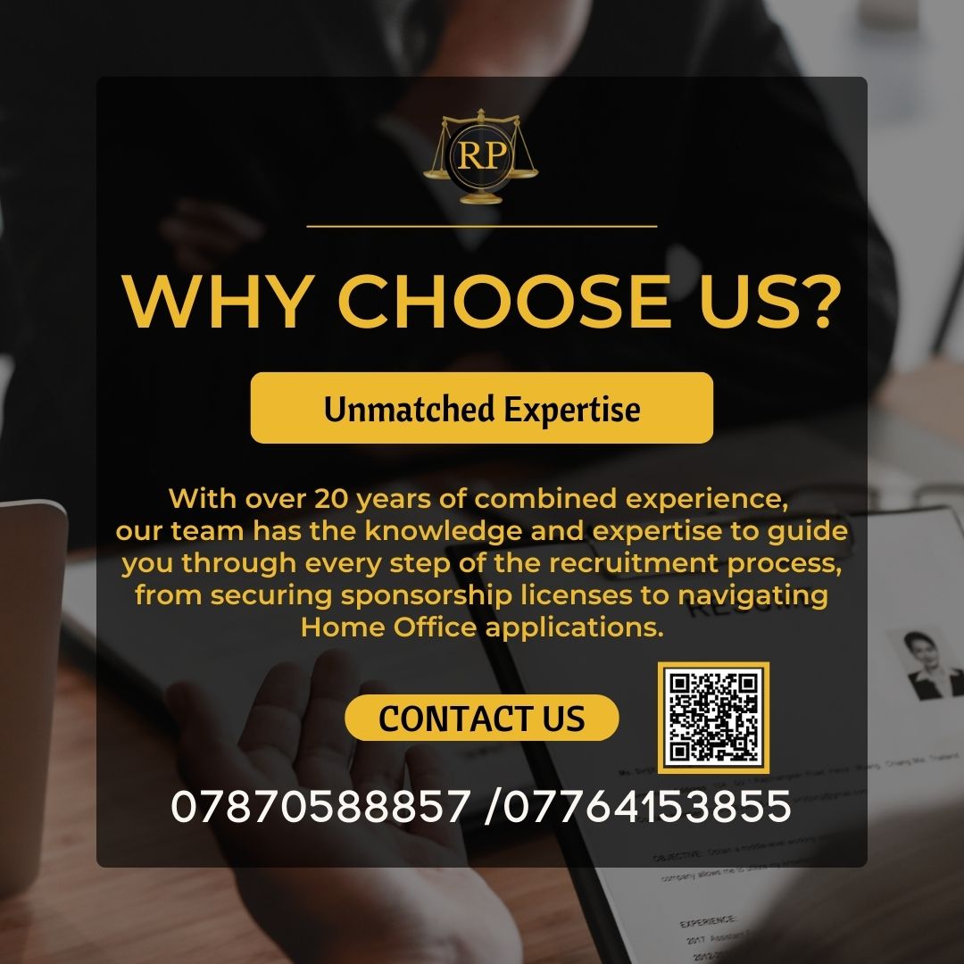 With over 20 years of combined experience, our team has the knowledge and expertise to guide you through every step of the recruitment process, from securing sponsorship licenses to navigating Home Office applications.

Contact us: 📞 07870588857 / 07764153855