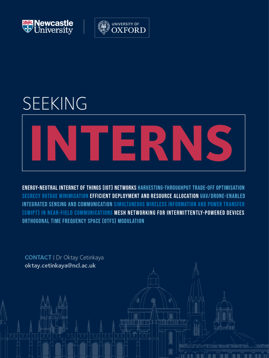 Oktay Cetinkaya (@drocetinkaya) on Twitter photo 🚀 Remote Internship Alert! 🚀 (PLEASE SHARE)
Join <a href="/UniofNewcastle/">Newcastle University</a> & <a href="/UniofOxford/">University of Oxford</a> for a summer internship to help solve engineering problems in IoT Networks, UAV comms, ISAC, OTFS, and more, contributing to IEEE papers!
📧 Contact with CVs for details: oktay.cetinkaya@ncl.ac.uk 🚀 Remote Internship Alert! 🚀 (PLEASE SHARE)
Join <a href="/UniofNewcastle/">Newcastle University</a> & <a href="/UniofOxford/">University of Oxford</a> for a summer internship to help solve engineering problems in IoT Networks, UAV comms, ISAC, OTFS, and more, contributing to IEEE papers!
📧 Contact with CVs for details: oktay.cetinkaya@ncl.ac.uk