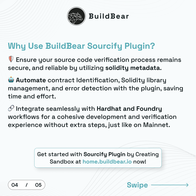 Attention Developers!
🚀Introducing the BuildBear Sourcify Plugin, your solution for seamless and efficient contract verification using the Sourcify.

👋Say goodbye to testnet-to-mainnet verification issues and enjoy a streamlined process for verifying all contracts in Foundry