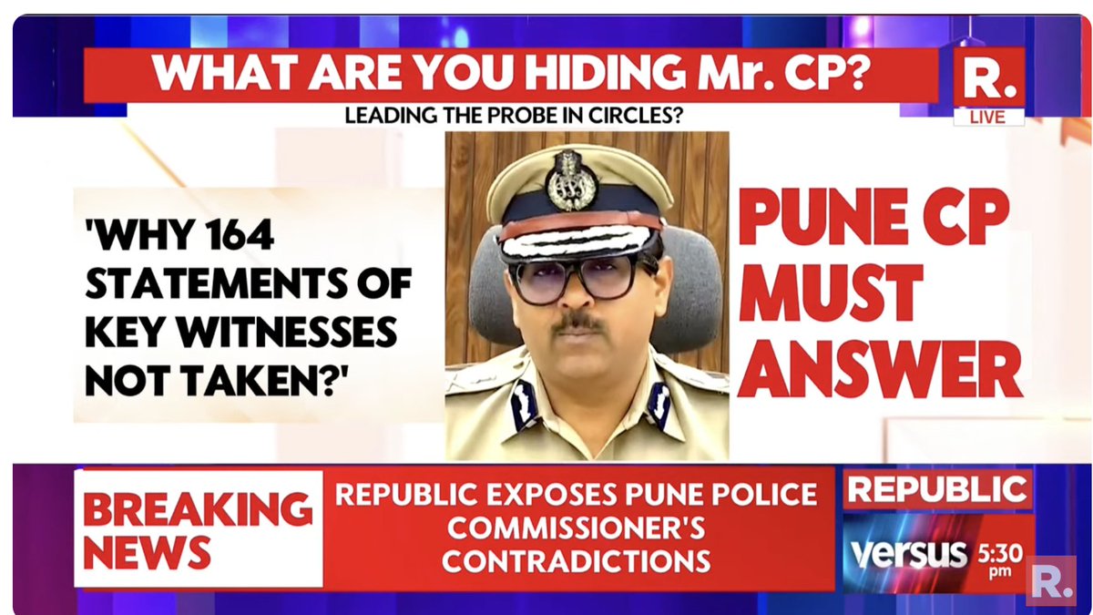 Republic exposes key contradictions. Pune CP Amitesh Kumar must answer: 1. Is there an attempt to protect the politicians? 2. Is there any political pressure? 3. Who called Dr. Ajay Taware? 4. Why are politicians linked to the case not quizzed? 5. Why was Ajit Pawar's MLA