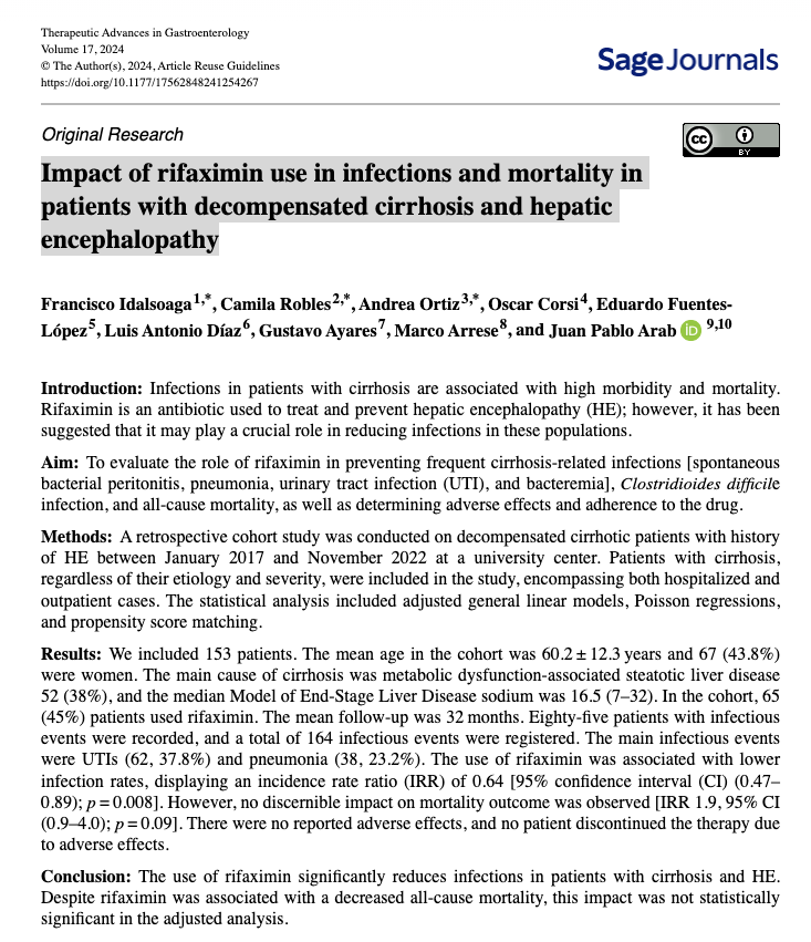 Our article 'Impact of rifaximin use in infections and mortality in patients with decompensated cirrhosis and hepatic encephalopathy' is now online at @TAGastroenterol by @FcoIdalsoaga et al. #LiverTwitter @LuisAntonioDiaz @MarcoArreseMD journals.sagepub.com/doi/epub/10.11…