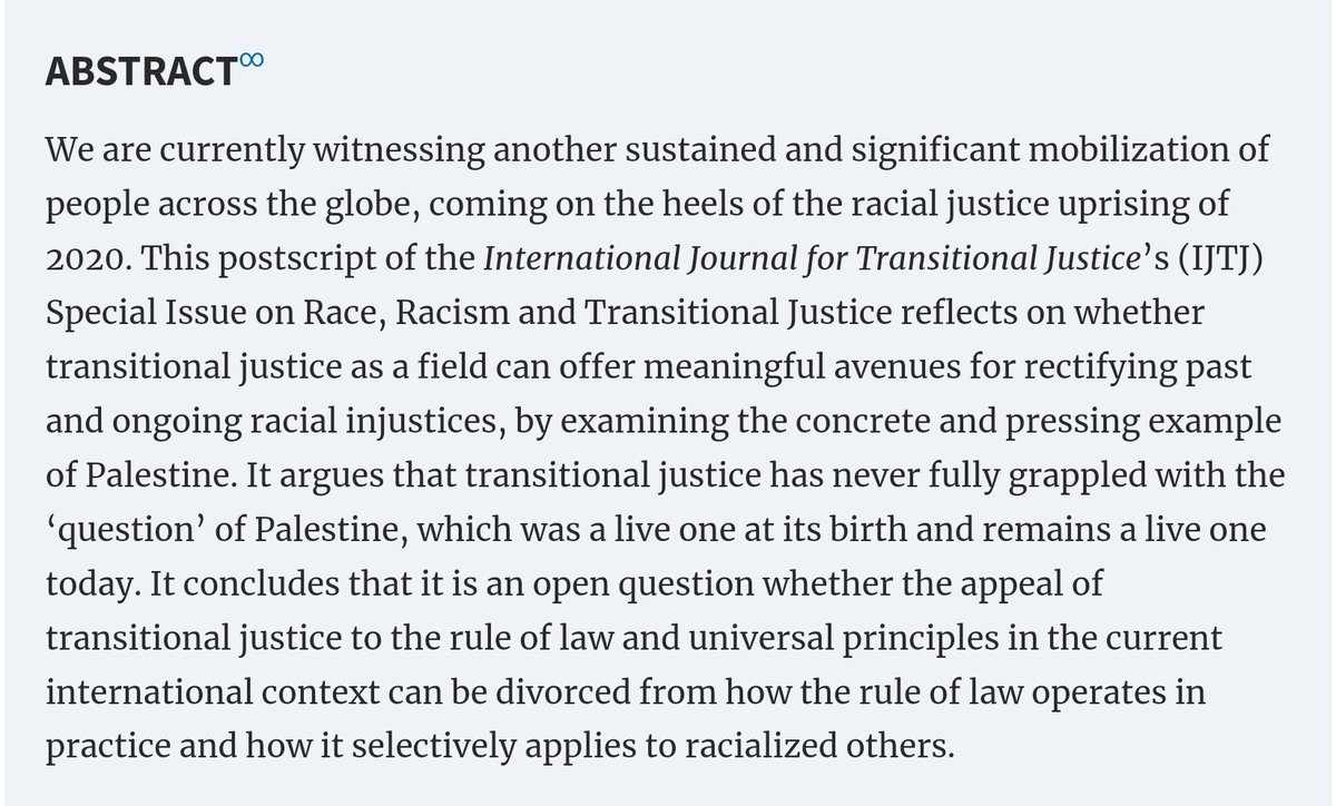 We must consider whether transitional justice comes in after the slaughter, once all is said and done, to serve as a Band-Aid to reconcile people with the racially unjust status quo.  Palestine as a Litmus Test for Transitional Justice is out w/no paywall  academic.oup.com/ijtj/article/d…