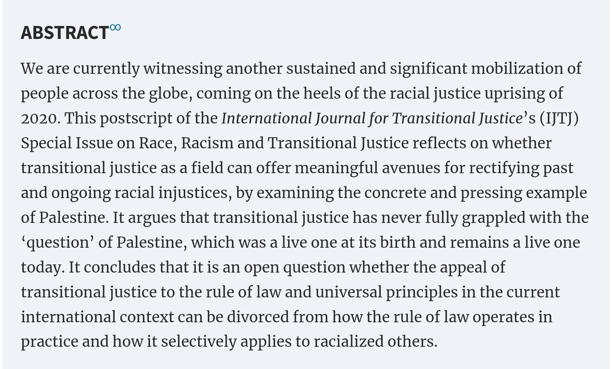 We must consider whether transitional justice comes in after the slaughter, once all is said and done, to serve as a Band-Aid to reconcile people with the racially unjust status quo. Palestine as a Litmus Test for Transitional Justice is out w/no paywall academic.oup.com/ijtj/article/d…