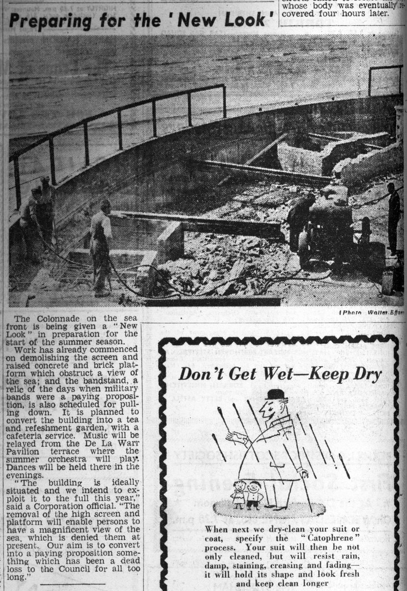 'Work has already commenced on demolishing the screen & raised concrete & brick platform...& the bandstand, a relic of the days when military bands were a paying proposition, is also scheduled for pulling down.' @BexhillObs 28.5.1949. #Colonnade #Bexhill #Sussex #History #1940s