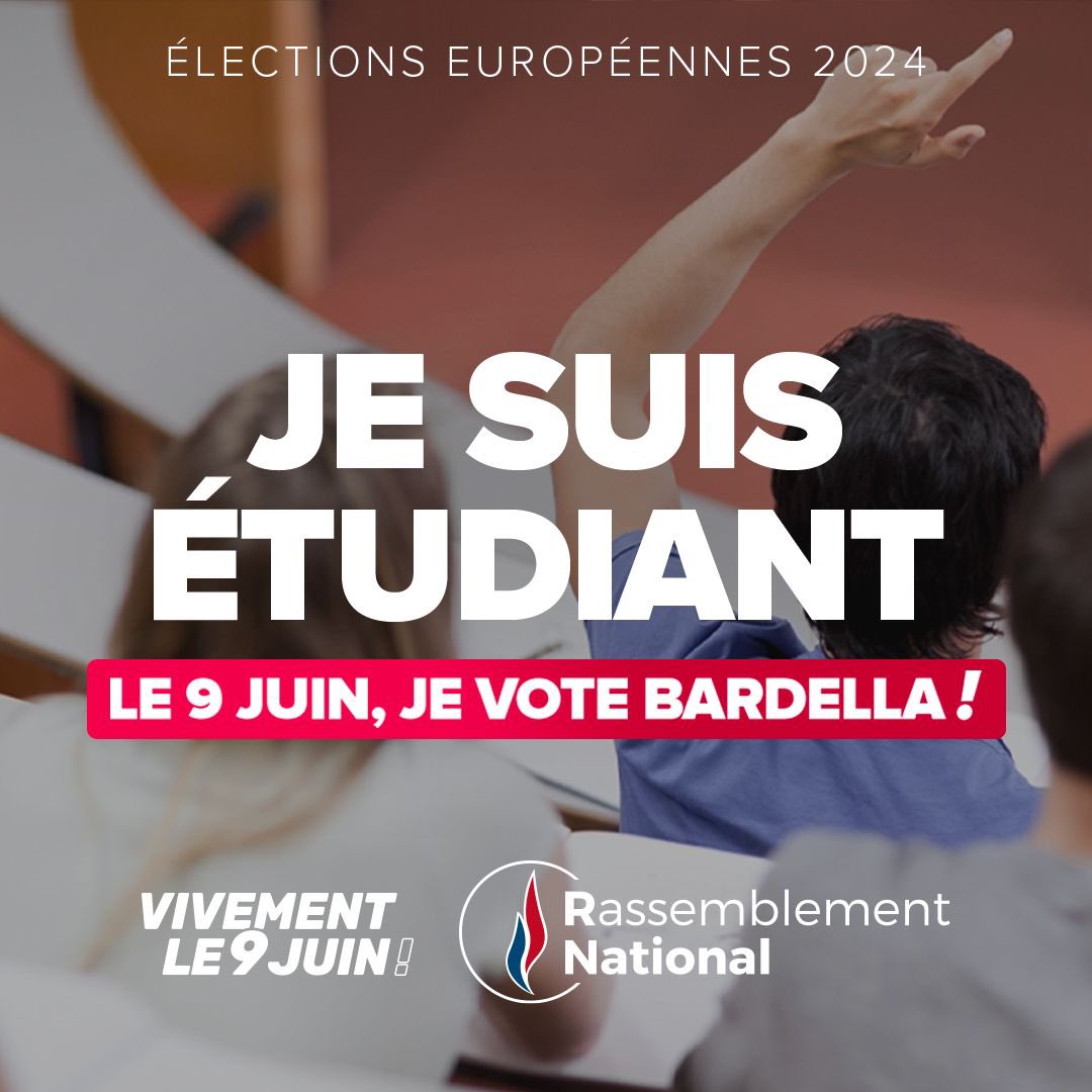 RNational_off's tweet photo. 🔵 Je suis étudiant, le 9 juin, je vote @J_Bardella !

Pour un panier de 100 produits de première nécessité à 0% de TVA, pour faire baisser mes factures énergétiques, pour ma sécurité et pour engager l'alternance de 2027 : le 9 juin, je vais voter !

#VivementLe9Juin https://t.co/D5FX6r9XTl