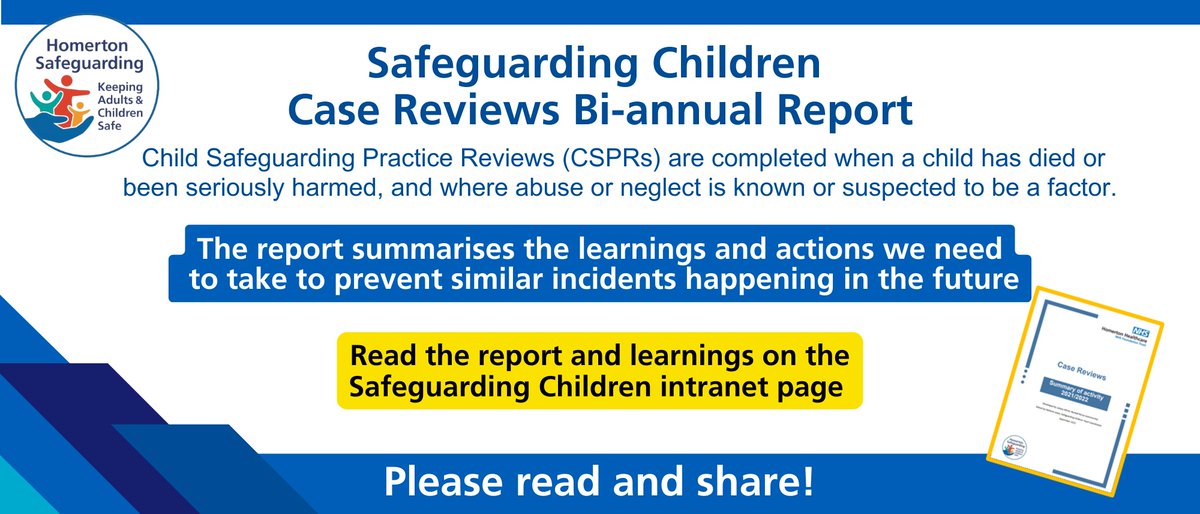 The SCT have published a Case Reviews Bi-annual Report which has summarised and analysed the learnings to improve the quality of services provided to Children and Families at
@NHSHomerton 📖 now available on the Safeguarding Children intranet page! @la_fred_123 #CSPRs