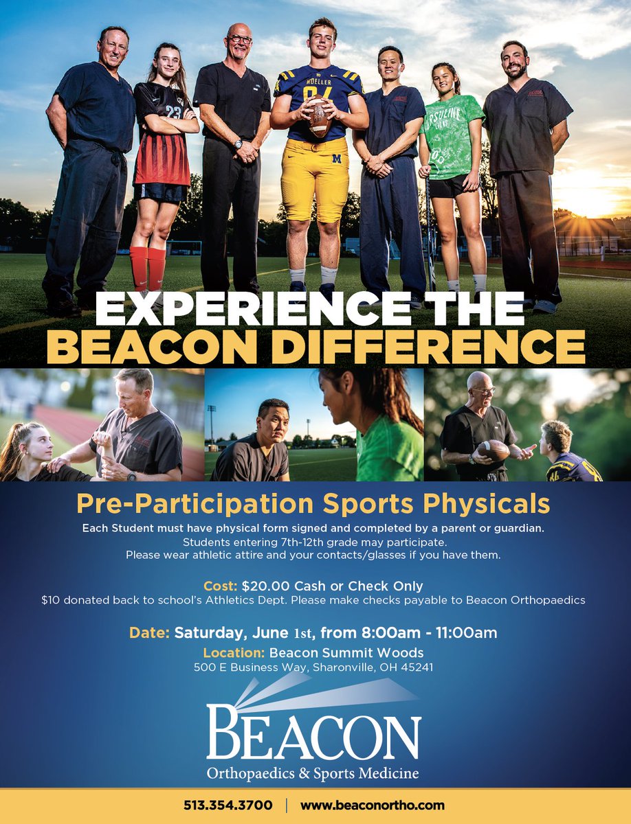 Beacon's largest Sports Physicals event is this Saturday, June 1 from 8-11am at our Summit Woods location. Walk-in with your forms signed and $20 cash/check for an exam by our sports medicine experts! $10 from every physical will be donated back to your athletics department!