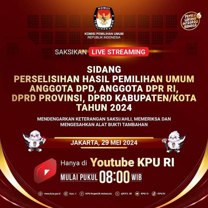 #TemanPemilih, saksikan Live Streaming Sidang Perselisihan Hasil Pemilihan Umum Anggota DPD, Anggota DPR RI, DPRD Provinsi, DPRD Kabupaten/Kota Tahun 2024, Rabu, 29 Mei 2024 mulai pukul 08.00 WIB di kanal Youtube KPU RI.

Jangan Sampai ketinggalan ya 😉

#KPUMelayani
#RepostKPURI