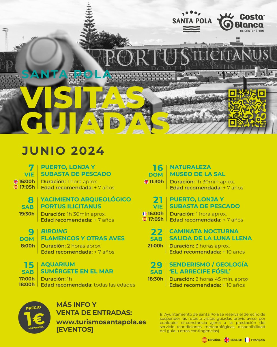 😊 ¿Vienes en junio a Santa Pola? Mira las VISITAS GUIADAS previstas este mes. 
🎟️ 1 € venta online ➡️ bit.ly/Junio2024_Visi…

#SantaPola #CostaBlanca