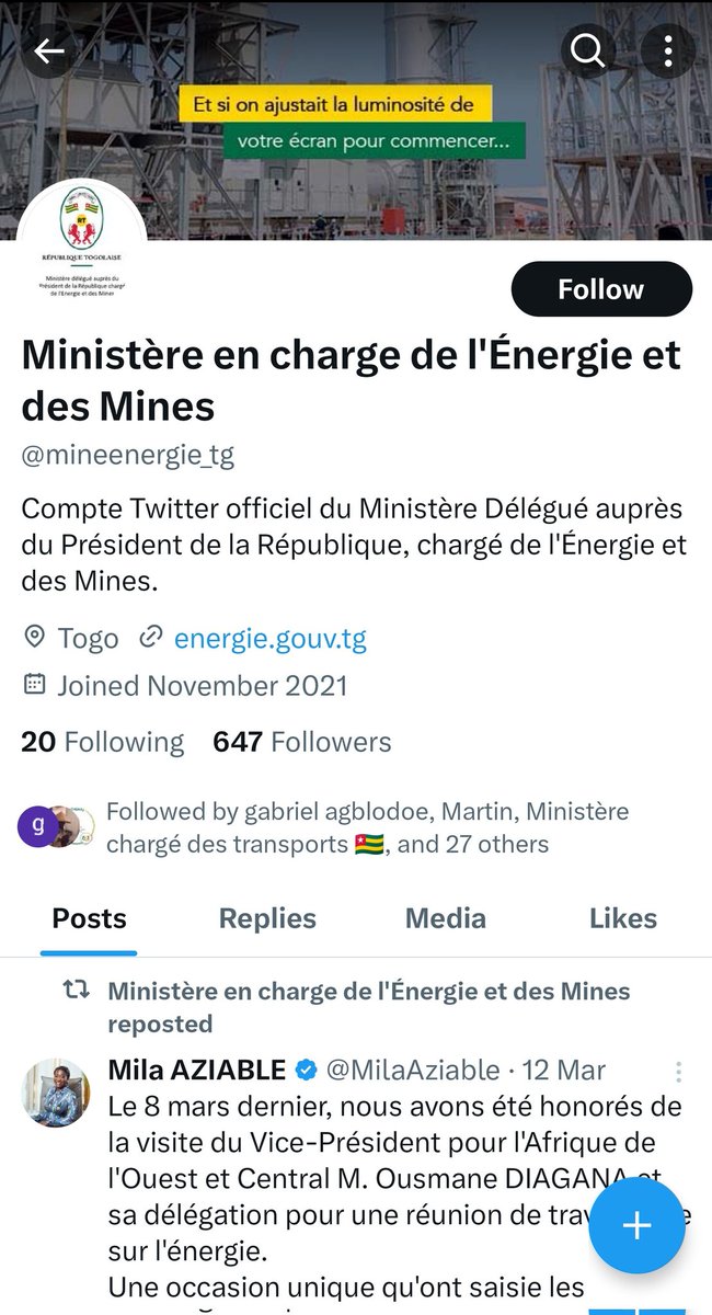 À décharge, certains pourraient dire qu'il y a le compte @mineenergie_tg qui doit s'occuper de cette com ici. Mais, le dernier tweet venant de ce compte date de juill. 2023. Depuis, il s'est juste contenté de retweeter, par intermittence, les tweets de @MilaAziable! TMFV!